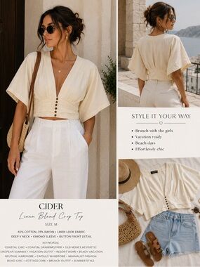 Cider Cream Linen Blend Crop Top Kimono Sleeve Button Front Blouse Size M